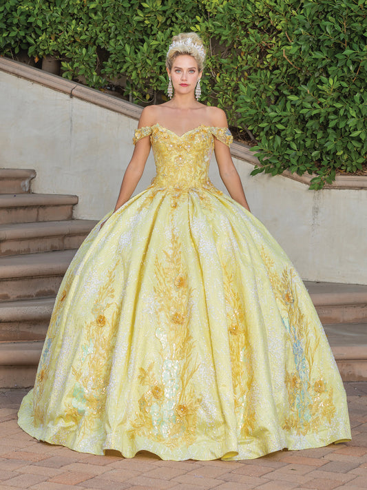 DQ25-1772  OFF-THE-SHOULDER BALL GOWN WITH FLORAL APPLIQUES AND GLITTER TULLE