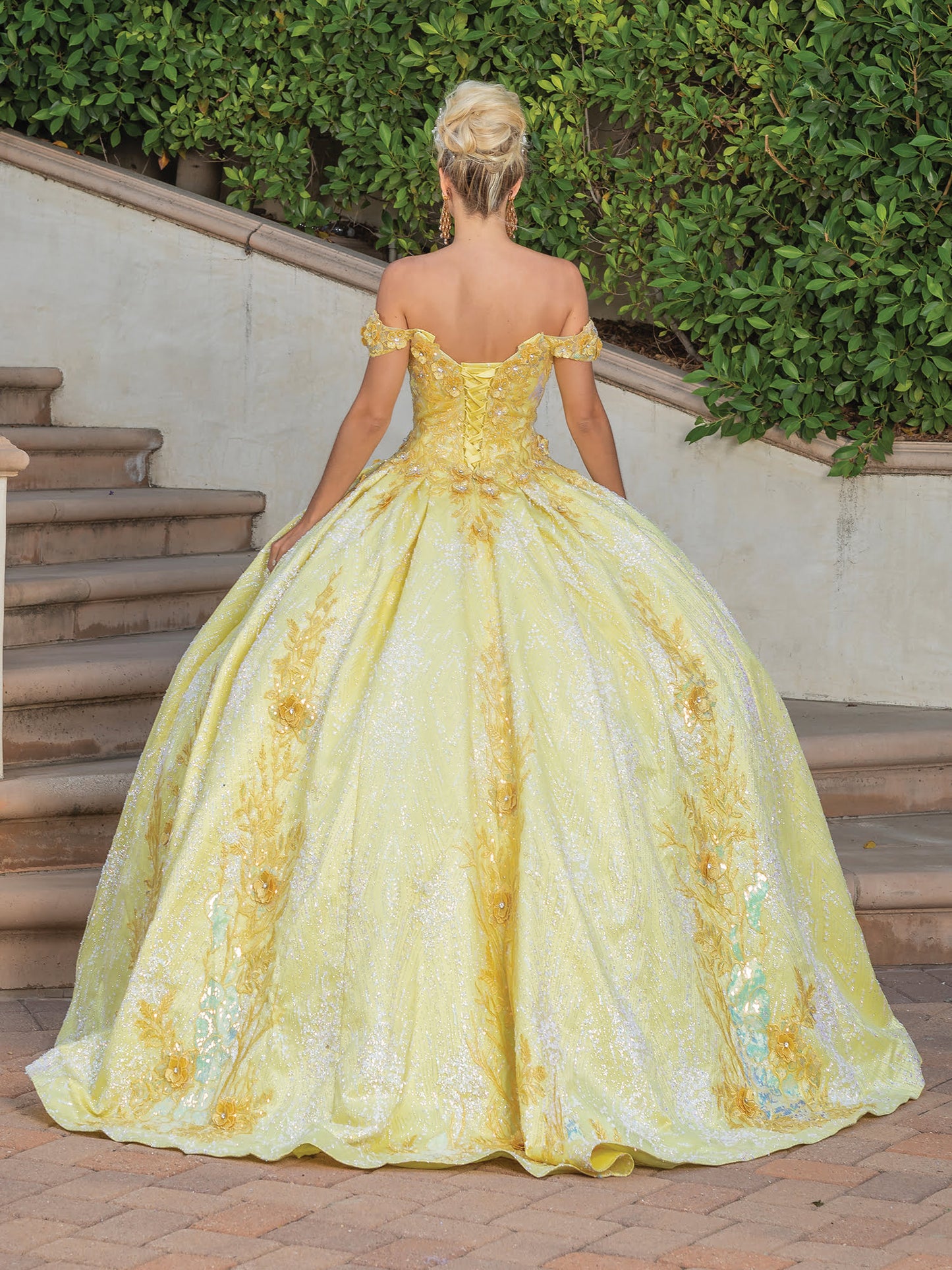 DQ25-1772  OFF-THE-SHOULDER BALL GOWN WITH FLORAL APPLIQUES AND GLITTER TULLE