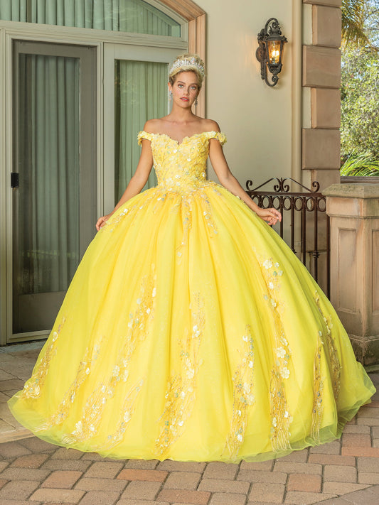 DQ25-1775 PRINCESS-STYLE OFF-THE-SHOULDER GOWN WITH FLORAL APPLIQUES