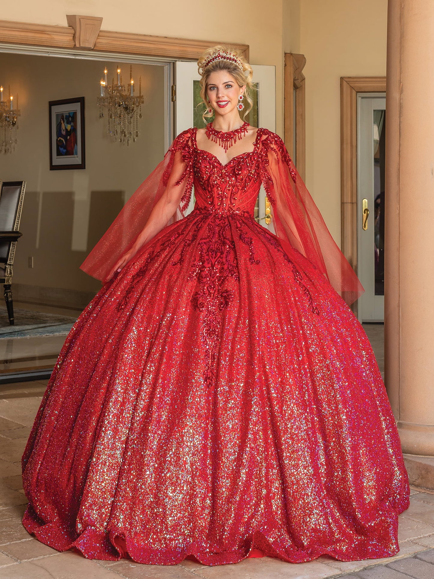 DQ25-1776  SCOOP BACK BALL GOWN WITH SEQUINED LACE