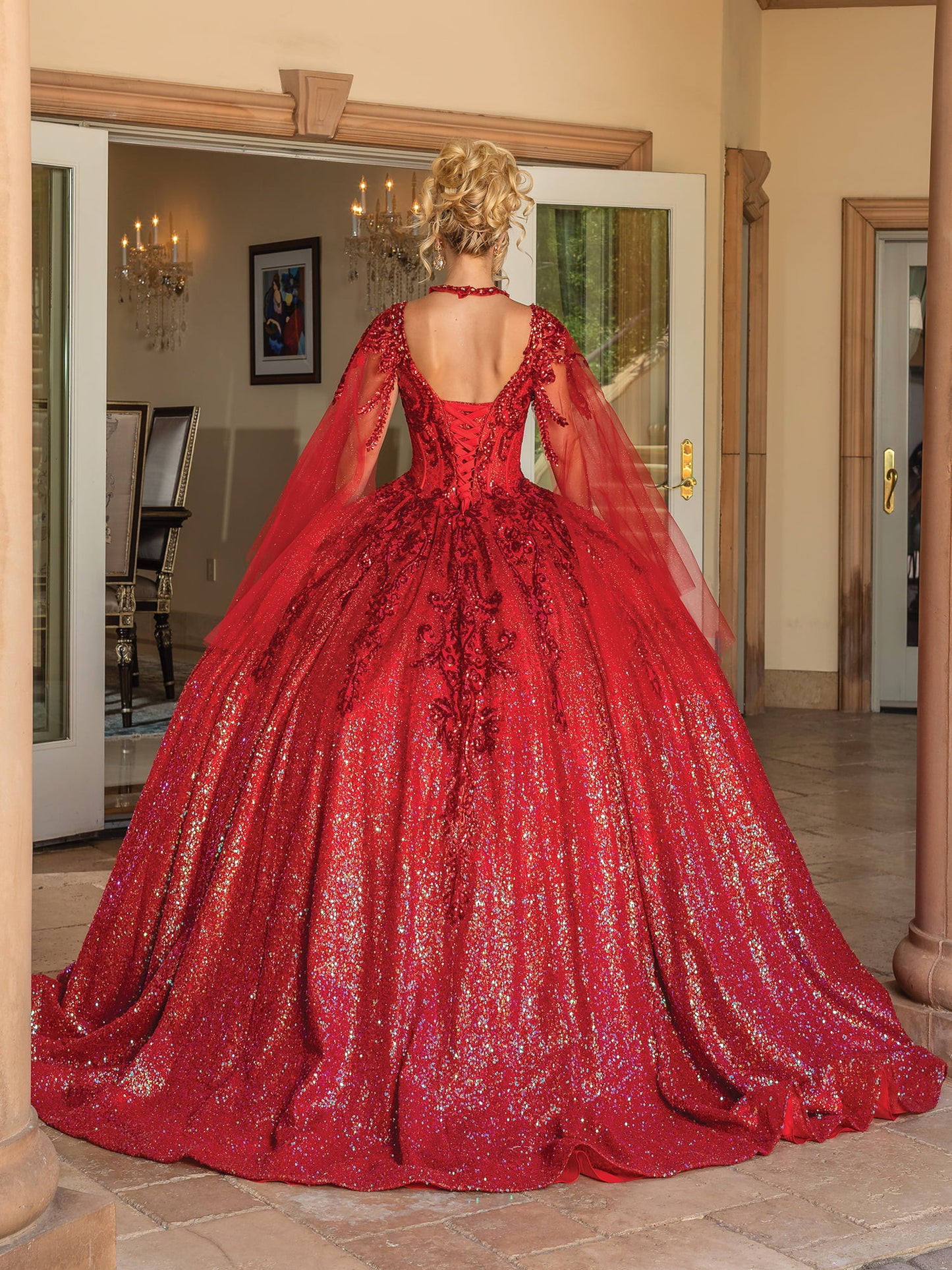 DQ25-1776  SCOOP BACK BALL GOWN WITH SEQUINED LACE