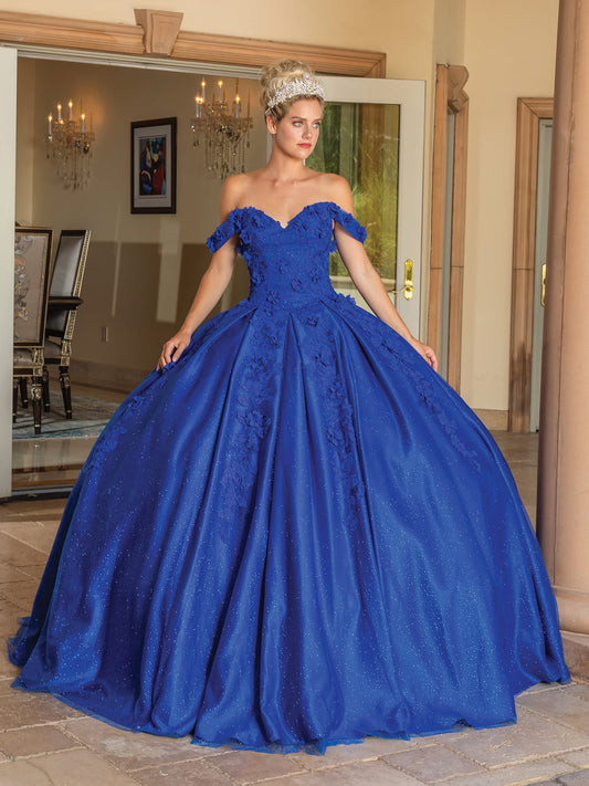 DQ25-1790 OFF-THE-SHOULDER BALL GOWN WITH FLORAL APPLIQUES