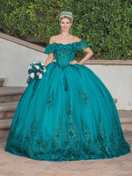 DQ25-1794 OFF-THE-SHOULDER BALL GOWN WITH CORSET BODICE AND FLORAL EMBROIDERED TULLE SKIRT