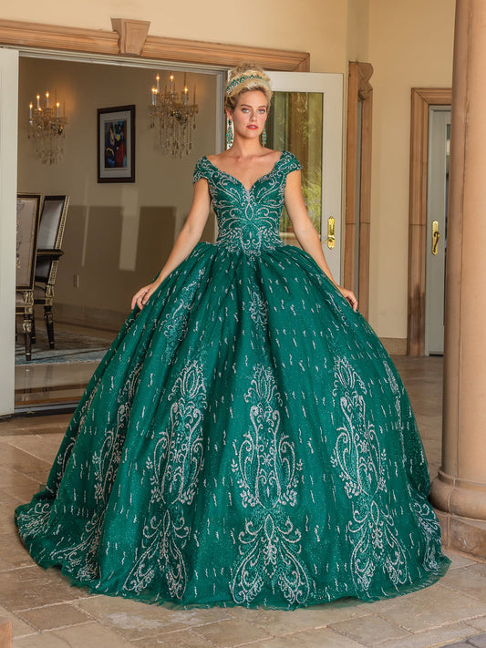 DQ25-1805 ELEGANT SCOOP BACK BALL GOWN WITH EMBROIDERED OVERLAY