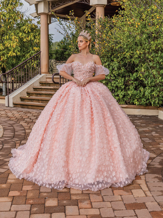 DQ25-1810 ROMANTIC OFF-SHOULDER BALL GOWN WITH FLORAL APPLIQUES