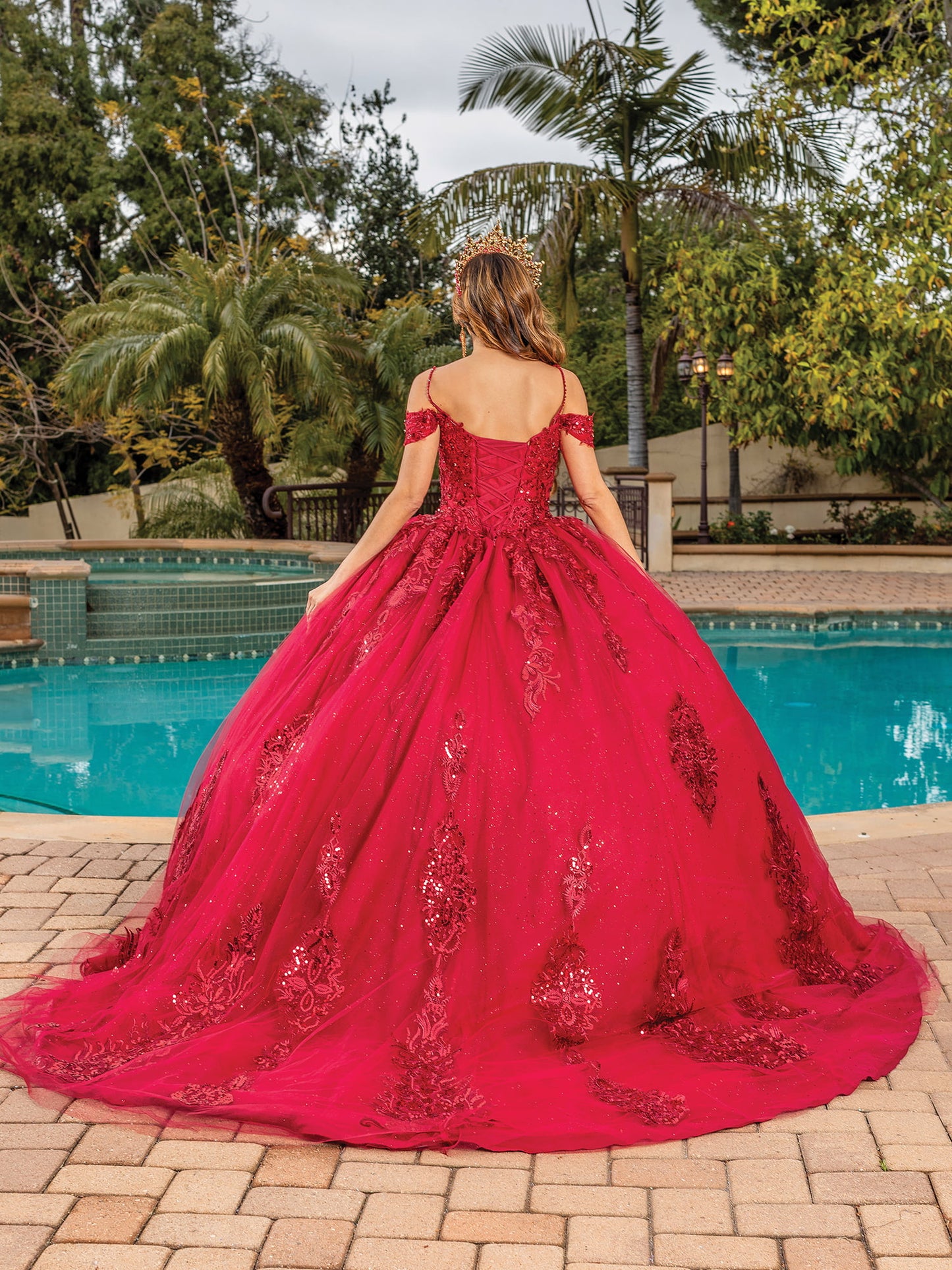 DQ25-1811 OFF-SHOULDER EMBELLISHED LACE APPLIQUE GOWN