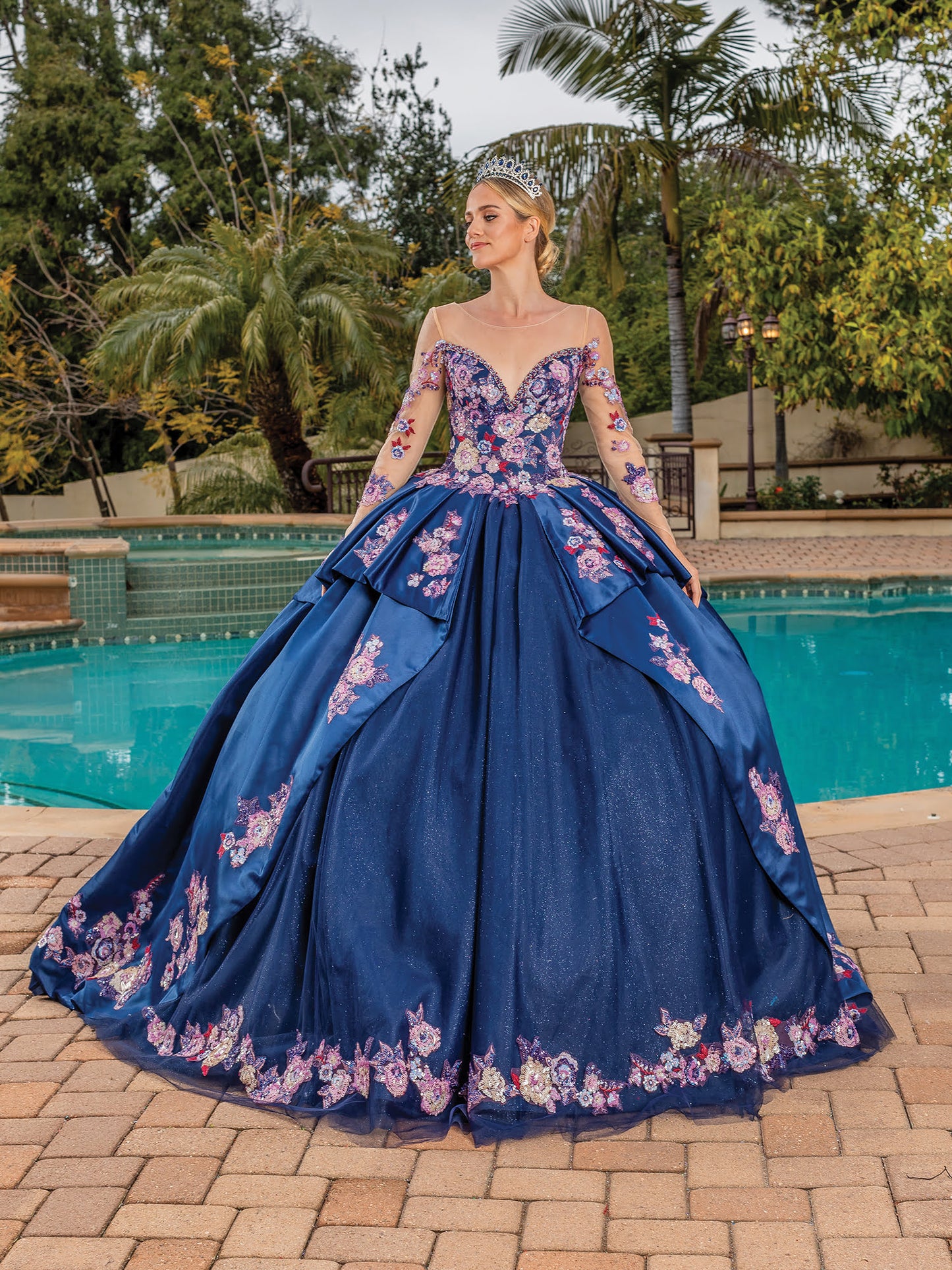 DQ25-1816 LUXURIOUS FLORAL APPLIQUE BALLGOWN WITH SHEER LONG SLEEVES