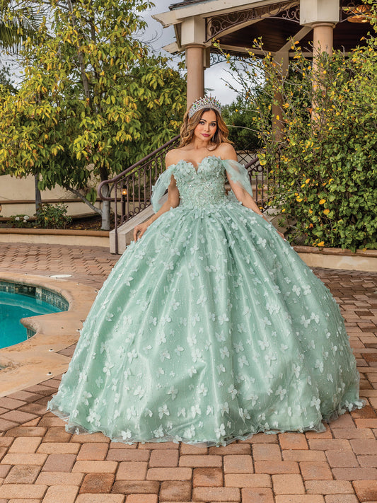 DQ25-1820 ROMANTIC OFF-SHOULDER BALL GOWN WITH FLORAL APPLIQUES