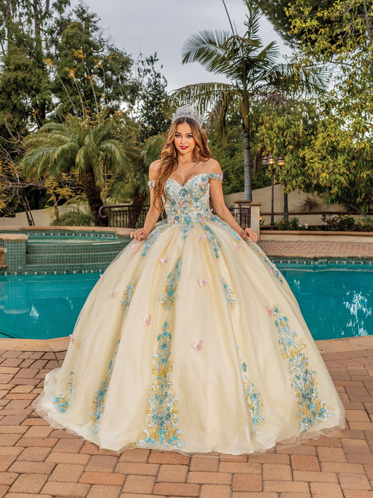 DQ25-1823 REGAL ELEGANCE OFF-THE-SHOULDER GOWN WITH CRYSTAL EMBELLISHED LACE APPLIQUES