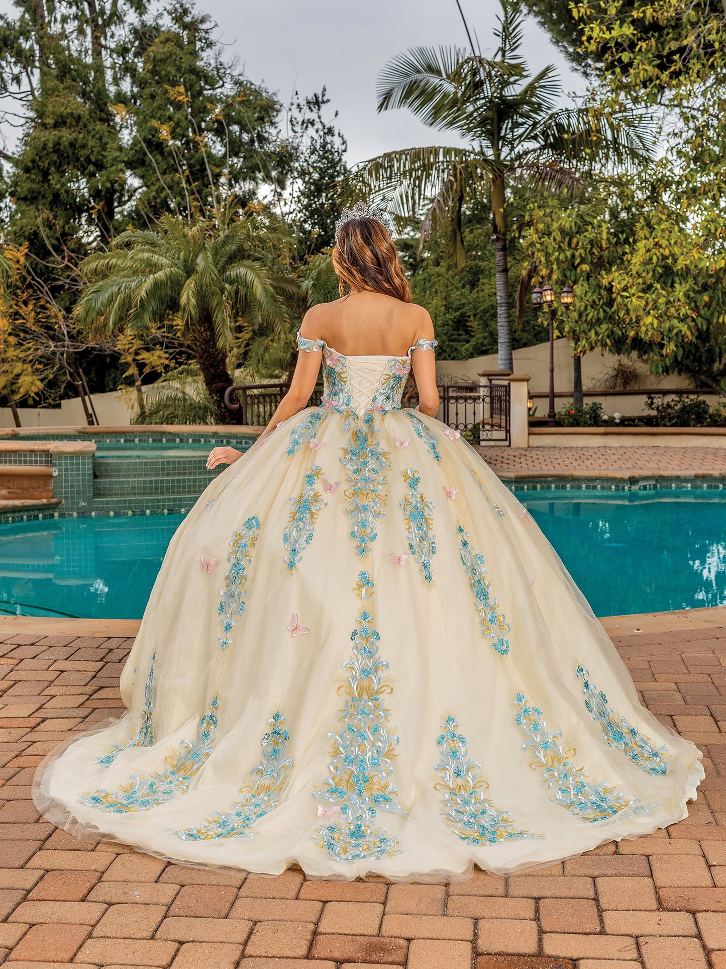 DQ25-1823 REGAL ELEGANCE OFF-THE-SHOULDER GOWN WITH CRYSTAL EMBELLISHED LACE APPLIQUES