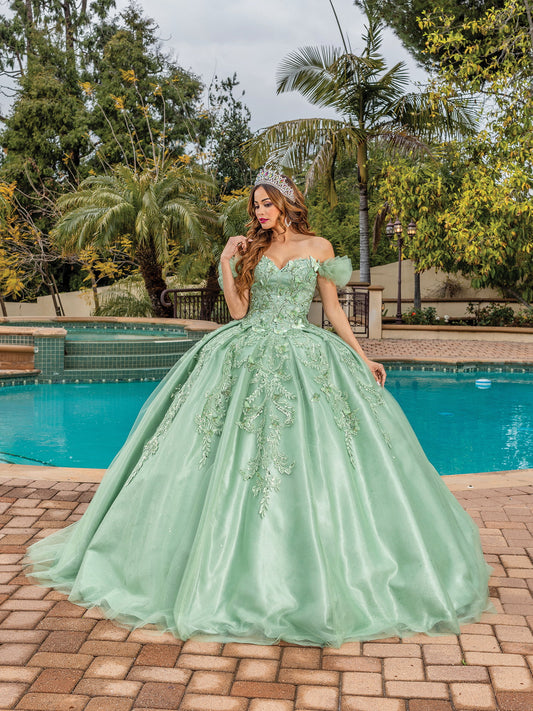 DQ25-1834 OFF-THE-SHOULDER SATIN GOWN WITH EMBROIDERED LACE BODICE