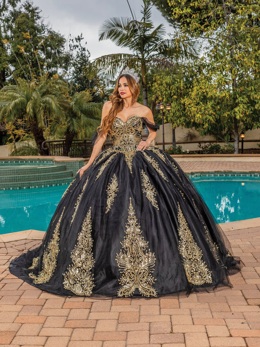 DQ25-1839 EMBROIDERED BODICE BALL GOWN WITH SHEER LONG SLEEVES