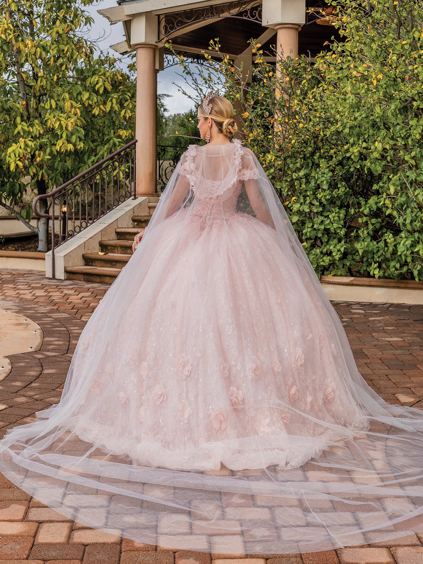 DQ25-1842 FLORAL APPLIQUE EMBELLISHED GOWN WITH SHEER FULL-LENGTH SLEEVES