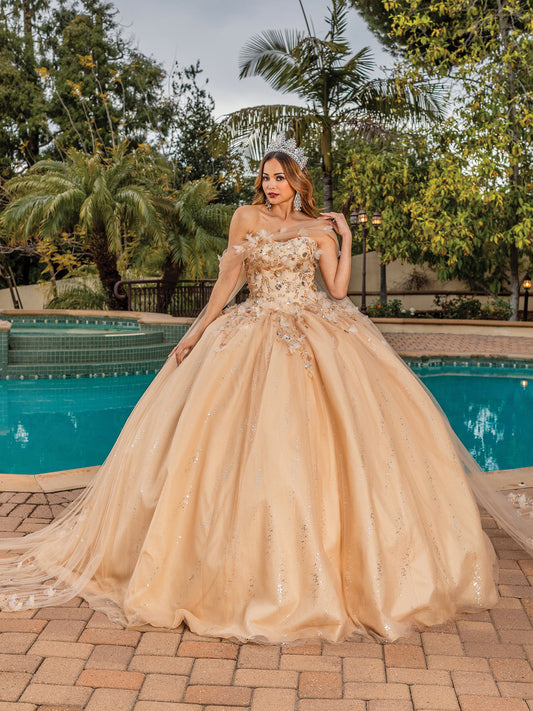 DQ25-1844 LACE-UP BACK TULLE BALLGOWN WITH BEADED APPLIQUES AND SHEER PUFF SLEEVES