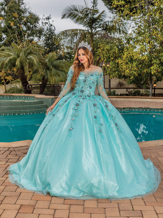 DQ25-1847 ILLUSION NECKLINE BALLGOWN WITH FLORAL APPLIQUES AND BEADED DETAILING