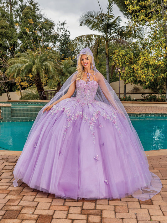 DQ25-1858 SHEER SLEEVED BALLGOWN WITH FLORAL APPLIQUES AND BEADED BODICE