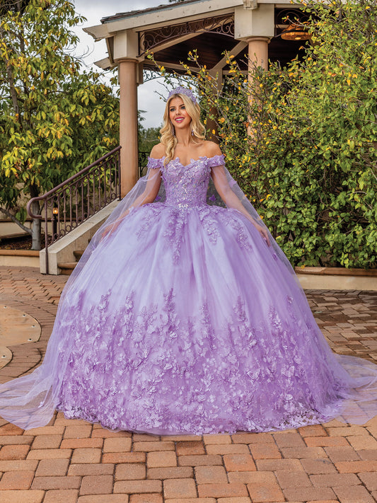 DQ25-1860  FLORAL EMBROIDERED QUINCEAÑERA GOWN WITH OFF-SHOULDER SLEEVES