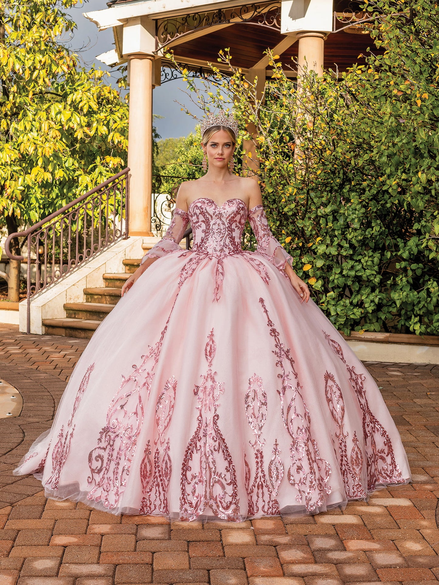 DQ25-1861 FLORAL APPLIQUE BALL GOWN WITH OFF-THE-SHOULDER SLEEVES