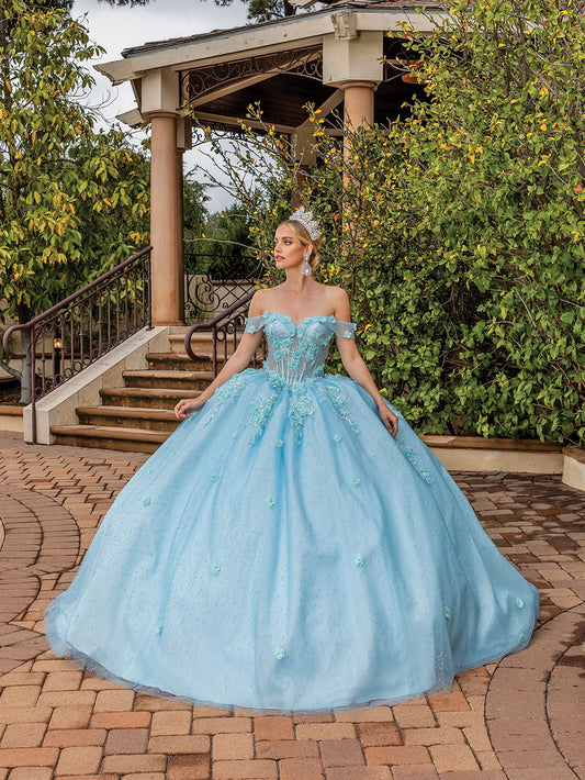 DQ25-1867 OFF-THE-SHOULDER BALLGOWN WITH BEADED LACE BODICE AND GLITTER