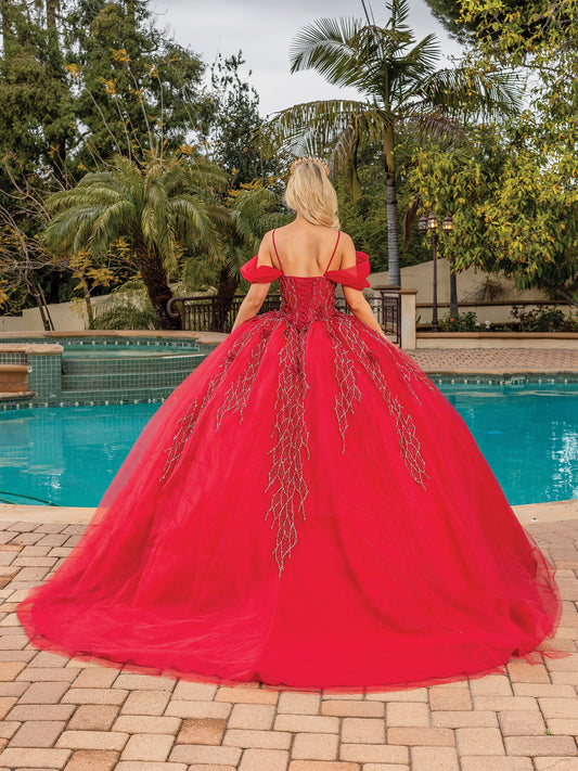 DQ25-1873 OFF-THE-SHOULDER TULLE BALLGOWN WITH BEADED CORSET BODICE