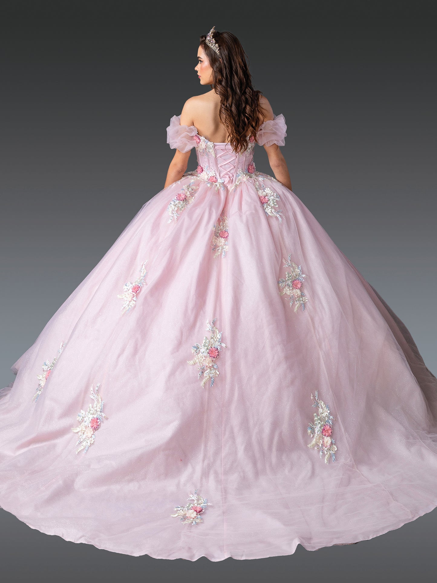 DQ25-1900  OFF-SHOULDER FLORAL APPLIQUE QUINCEANERA BALL GOWN