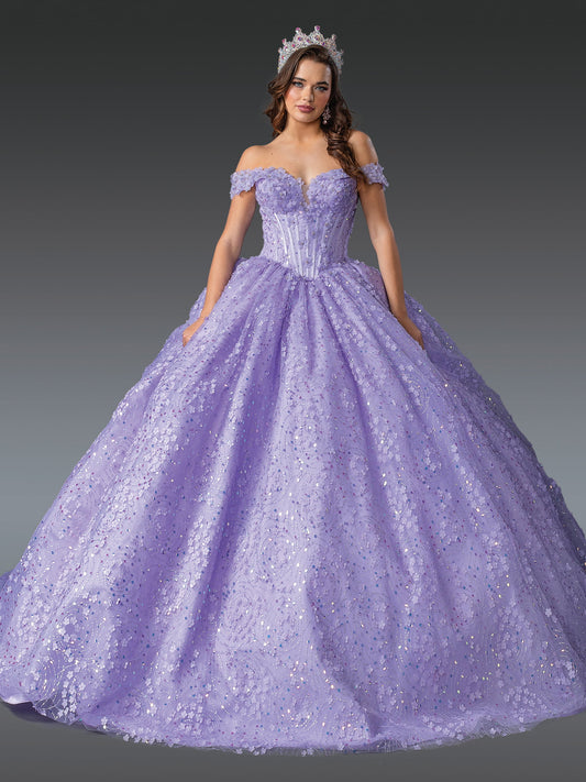 DQ25-1901 ELEGANT SEQUINED QUINCEANERA GOWN WITH OFF-THE-SHOULDER LACE TRIM AND FULL SEQUINED SKIRT