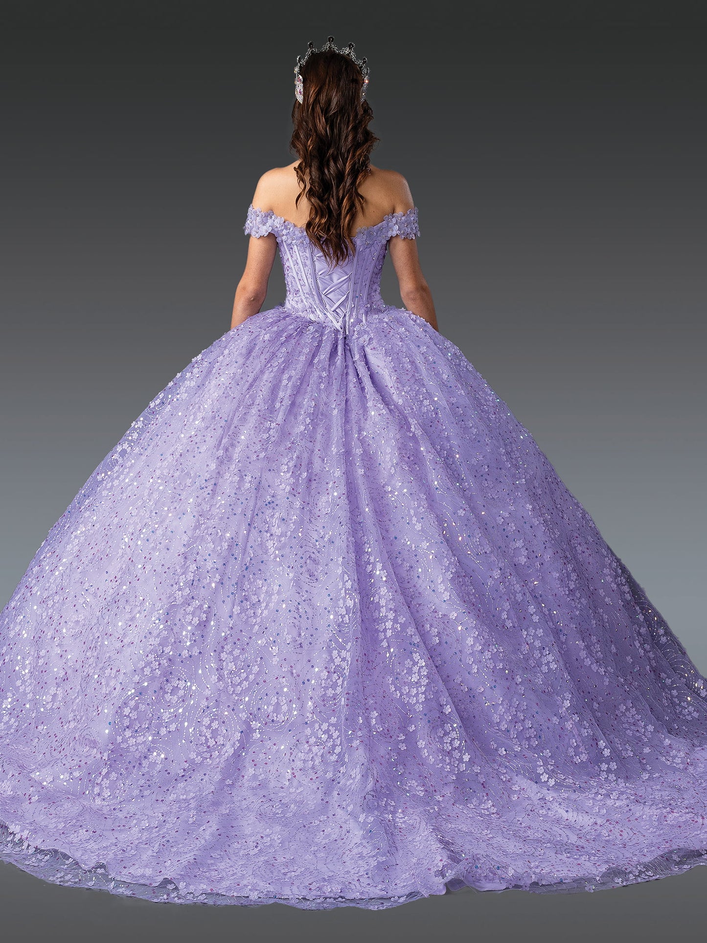 DQ25-1901 ELEGANT SEQUINED QUINCEANERA GOWN WITH OFF-THE-SHOULDER LACE TRIM AND FULL SEQUINED SKIRT