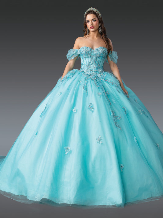 DQ25-1903 EMBELLISHED BODICE QUINCEANERA GOWN WITH SHEER OFF-THE-SHOULDER SLEEVES