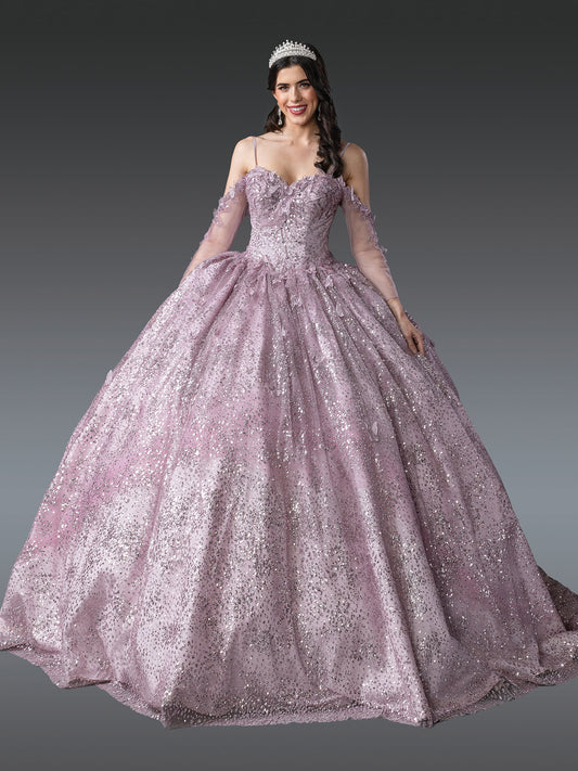 DQ25-1904 ELEGANT SEQUINED QUINCEANERA GOWN WITH INTRICATE LACE BODICE