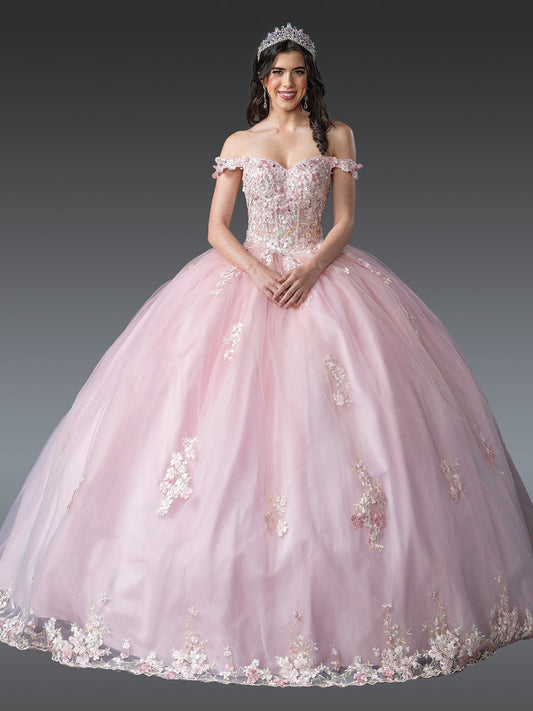 DQ25-1906 ENCHANTED FLORAL EMBELLISHED QUINCEAÑERA GOWN WITH OFF-SHOULDER DESIGN