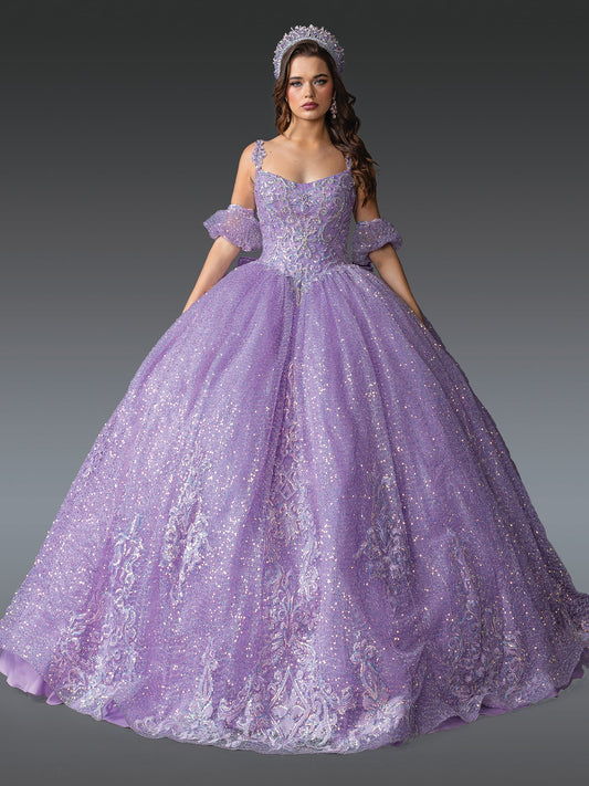 DQ25-1907 CAP-SLEEVED SEQUINED BALLGOWN WITH CRYSTAL EMBELLISHED BODICE AND INTRICATE EMBROIDERY