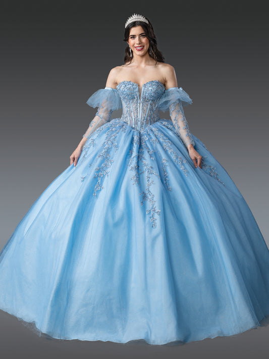 DQ25-1910 OFF-THE-SHOULDER QUINCEANERA DRESS WITH SHEER SLEEVES