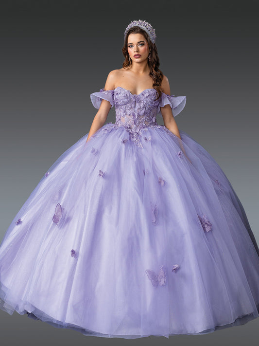 DQ25-1911 OFF-SHOULDER GOWN WITH EMBROIDERED BODICE BUTTERFLY APPLIQUES