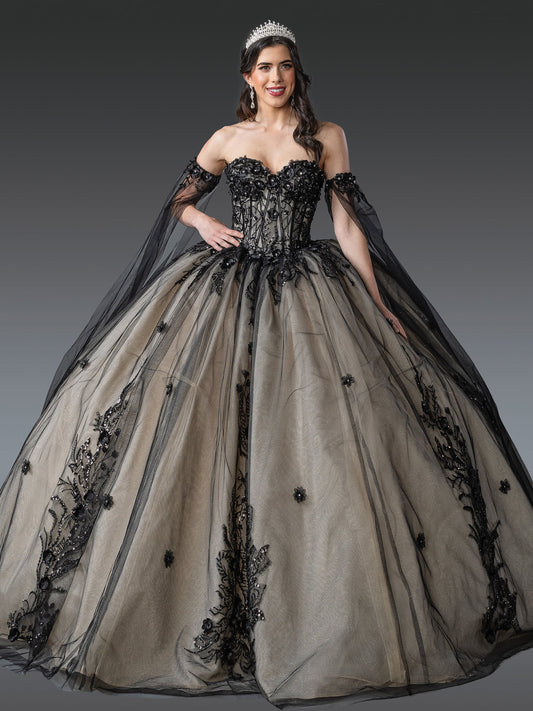DQ25-1912 OFF-THE-SHOULDER QUINCEANERA DRESS WITH INTRICATE EMBROIDERY AND BEADED BODICE