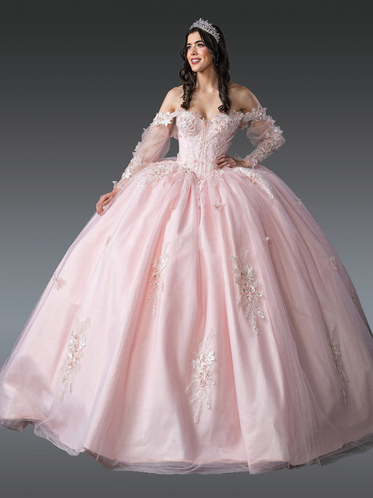 DQ25-1914 OFF-SHOULDER QUINCEAÑERA GOWN WITH INTRICATE FLORAL APPLIQUES