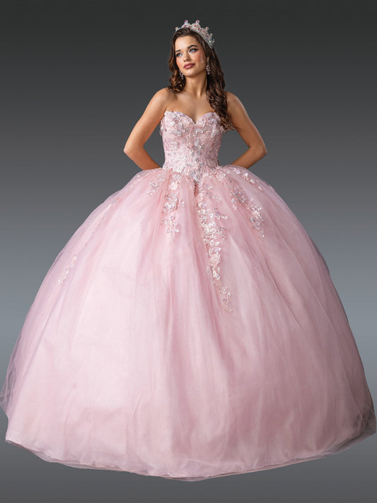 DQ25-1916 NECKLINE QUINCEAÑERA DRESS WITH EMBELLISHED FLORAL APPLIQUES