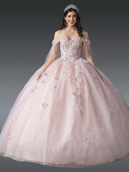 DQ25-1919 REGAL OFF-SHOULDER BALL GOWN QUINCEANERA DRESS WITH FLORAL EMBELLISHMENTS