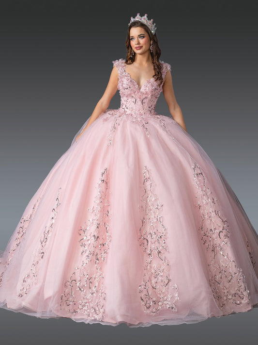 DQ25-1925 V-NECK BALL GOWN QUINCEAÑERA DRESS WITH EMBROIDERED LACE APPLIQUES