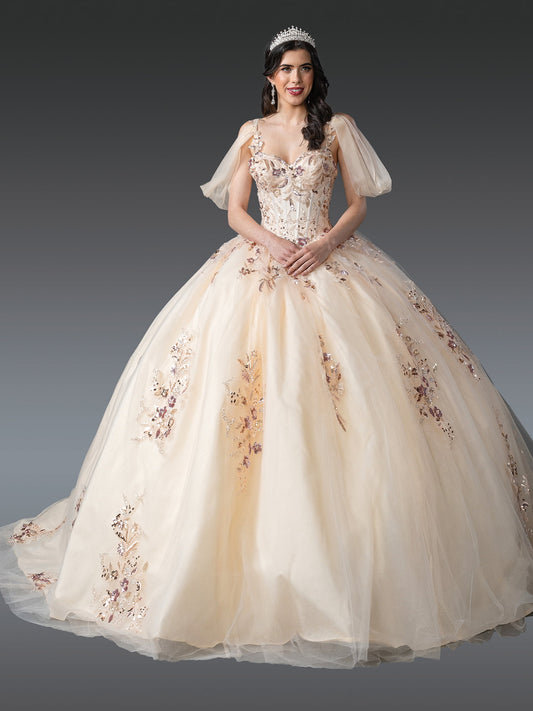 DQ25-1926  V-NECK BALL GOWN QUINCEAÑERA DRESS WITH FLORAL EMBROIDERY AND SHEER PUFFED SLEEVES