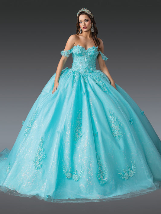 DQ25-1930 ELEGANT OFF-SHOULDER BALL GOWN QUINCEANERA DRESS WITH FLORAL LACE APPLIQUES