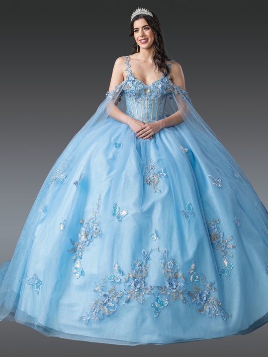 DQ25-1942 QUINCEANERA DRESS WITH FLORAL APPLIQUES, SHEER PUFFED SLEEVES