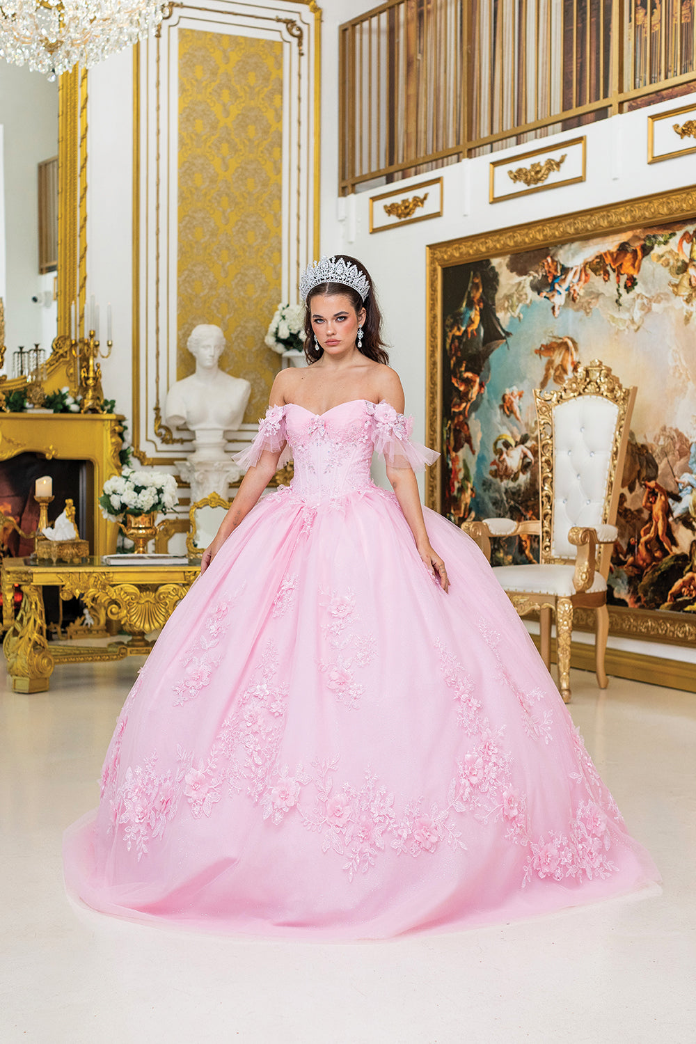 DQ25-1944 ELEGANT OFF-SHOULDER BALL GOWN QUINCEANERA DRESS WITH EMBROIDERED LACE APPLIQUES