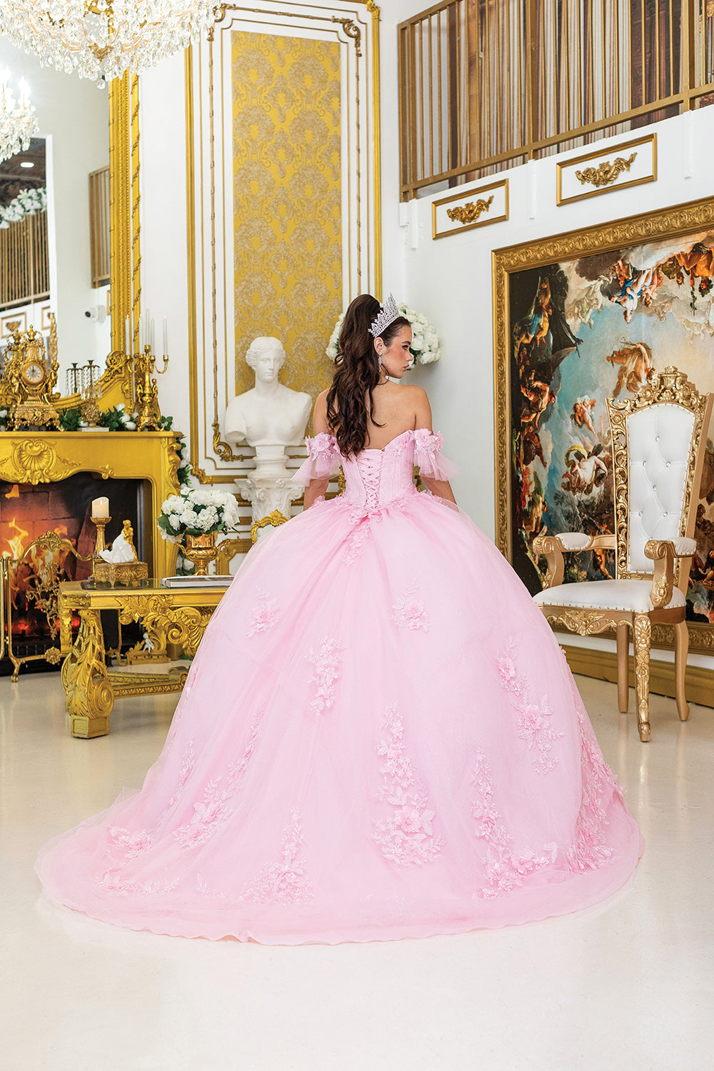 DQ25-1944 ELEGANT OFF-SHOULDER BALL GOWN QUINCEANERA DRESS WITH EMBROIDERED LACE APPLIQUES