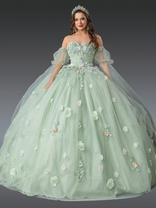 DQ25-1945 FF-SHOULDER BALL GOWN QUINCEANERA DRESS WITH FLORAL EMBELLISHMENTS AND SHEER PUFFED SLEEVES