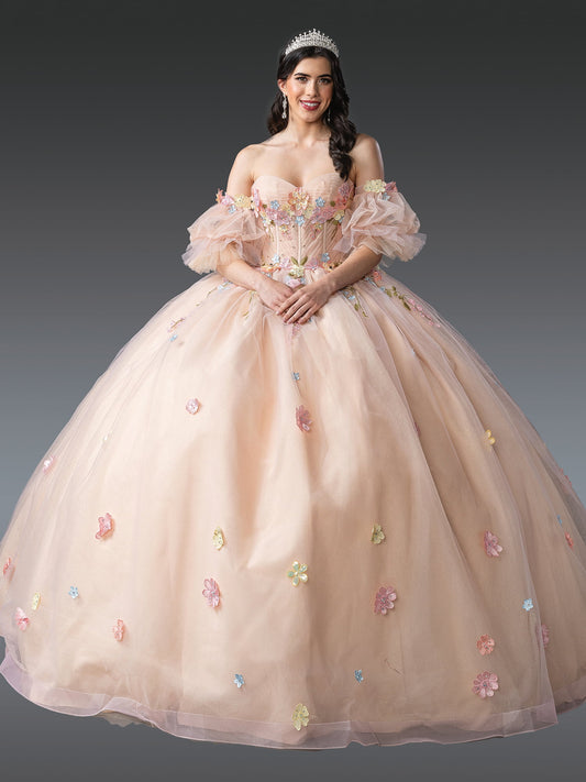DQ25-1946 OFF-SHOULDER BALL GOWN QUINCEANERA DRESS WITH FLORAL APPLIQUES AND SHEER PUFFED SLEEVES
