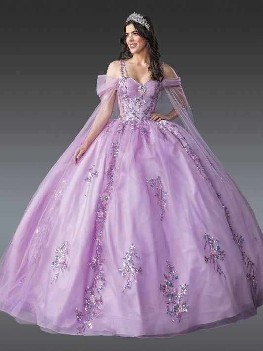 DQ25-1947 QUINCEANERA DRESS WITH SHEER PUFFED SLEEVES AND EMBELLISHED FLORAL APPLIQUES