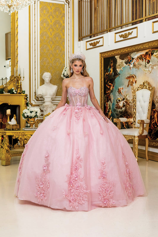 DQ25-1949  SWEETHEART NECKLINE BALL GOWN QUINCEANERA DRESS WITH FLORAL EMBROIDERY AND SHEER PUFF SLEEVES