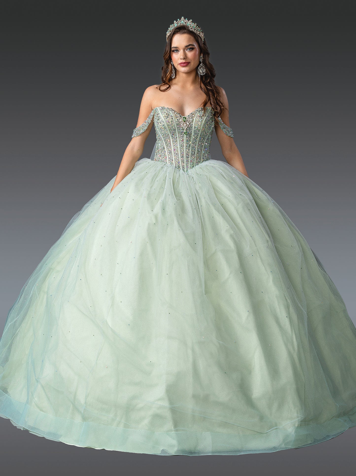DQ25-1950 OFF-THE-SHOULDER QUINCEANERA DRESS WITH BEADED CORSET BODICE