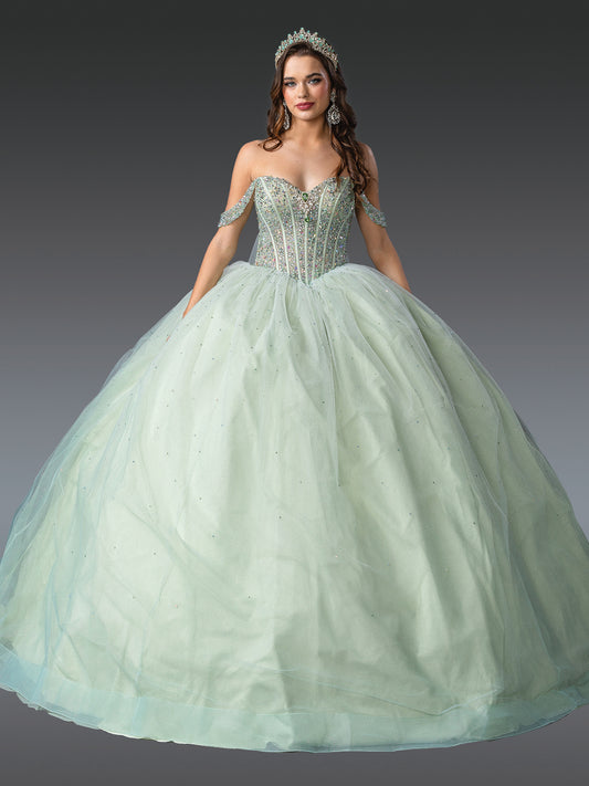 DQ25-1950 OFF-THE-SHOULDER QUINCEANERA DRESS WITH BEADED CORSET BODICE