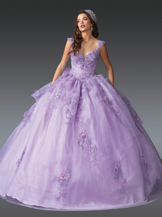 DQ25-1952 CAP SLEEVE QUINCEANERA DRESS WITH FLORAL EMBROIDERED BODICE